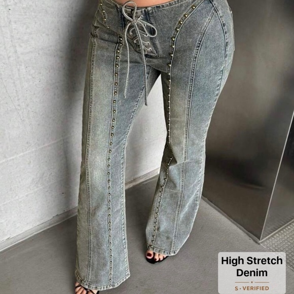 Shein Retro Rivet Lacing Low Waist Denim Pants - Picture 1 of 7